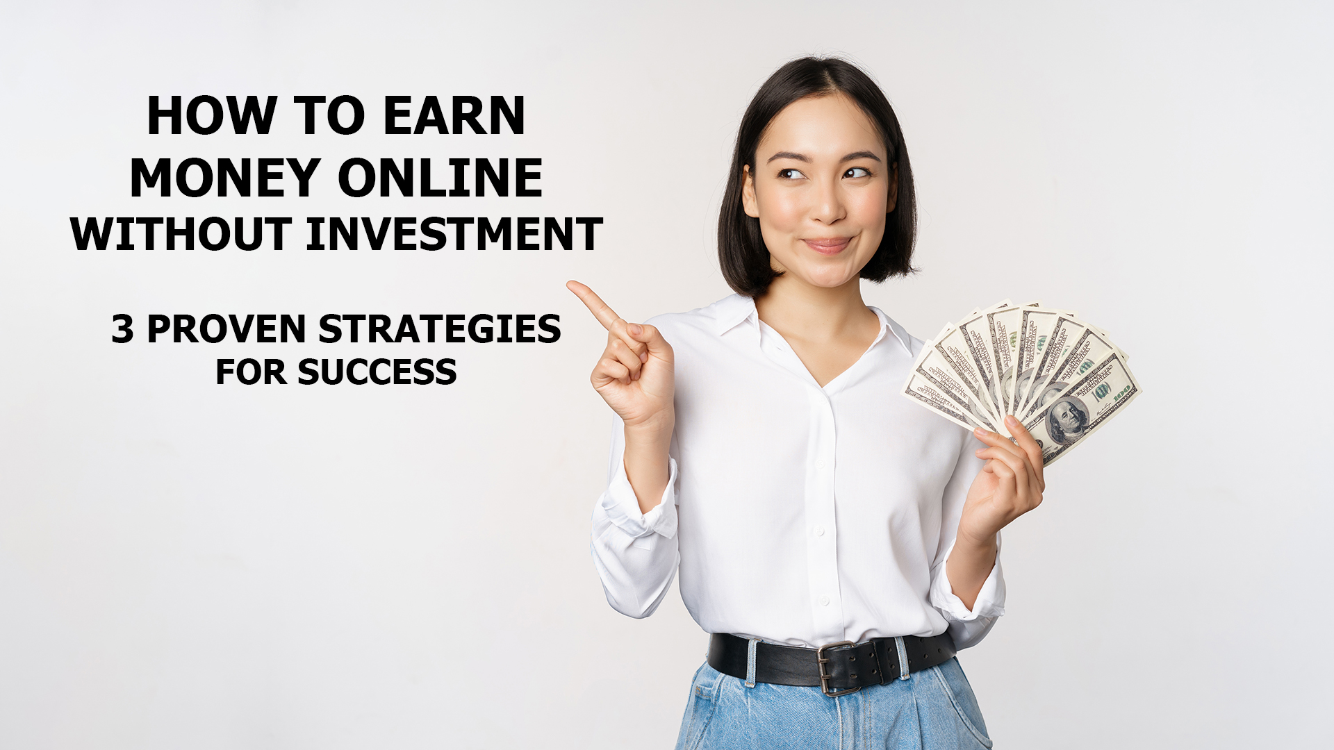 Smiling young modern asian woman, pointing at banner advertisement, holding cash money dollars, standing over white background